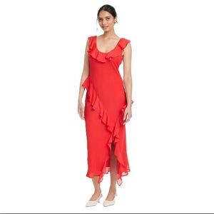A New Day Red Chiffon Ruffle Trim Sleeveless Midi Slip Dress, Medium